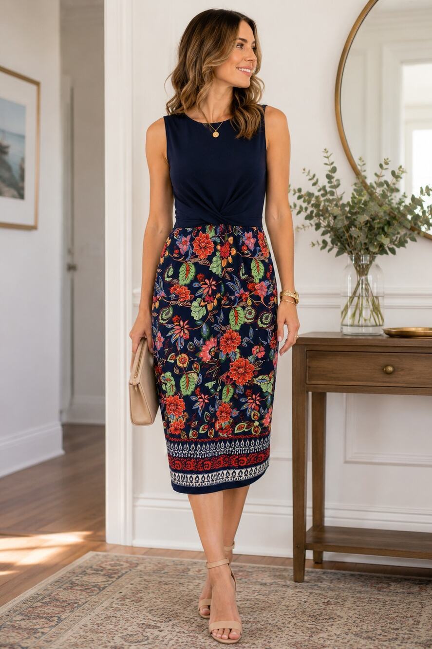 Vince Camuto Navy Floral Twist Front Midi Dress Sleeveless Fit & Flare Women's,4